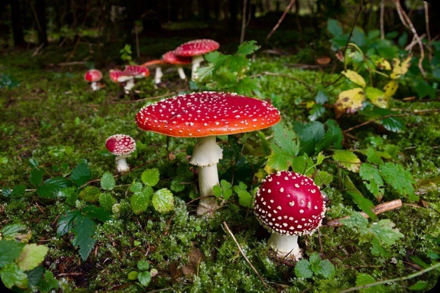 Fliegenpilze im Moos eines Waldes