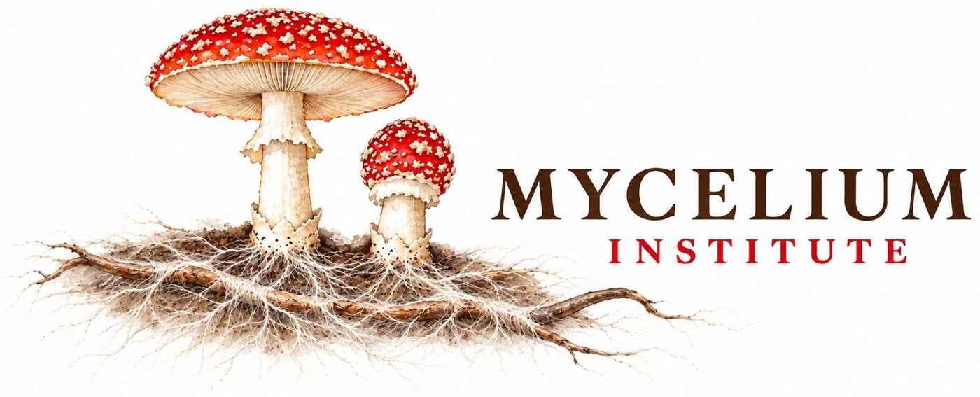 Mycelium Institute – zwei Fliegenpilze mit Myzel